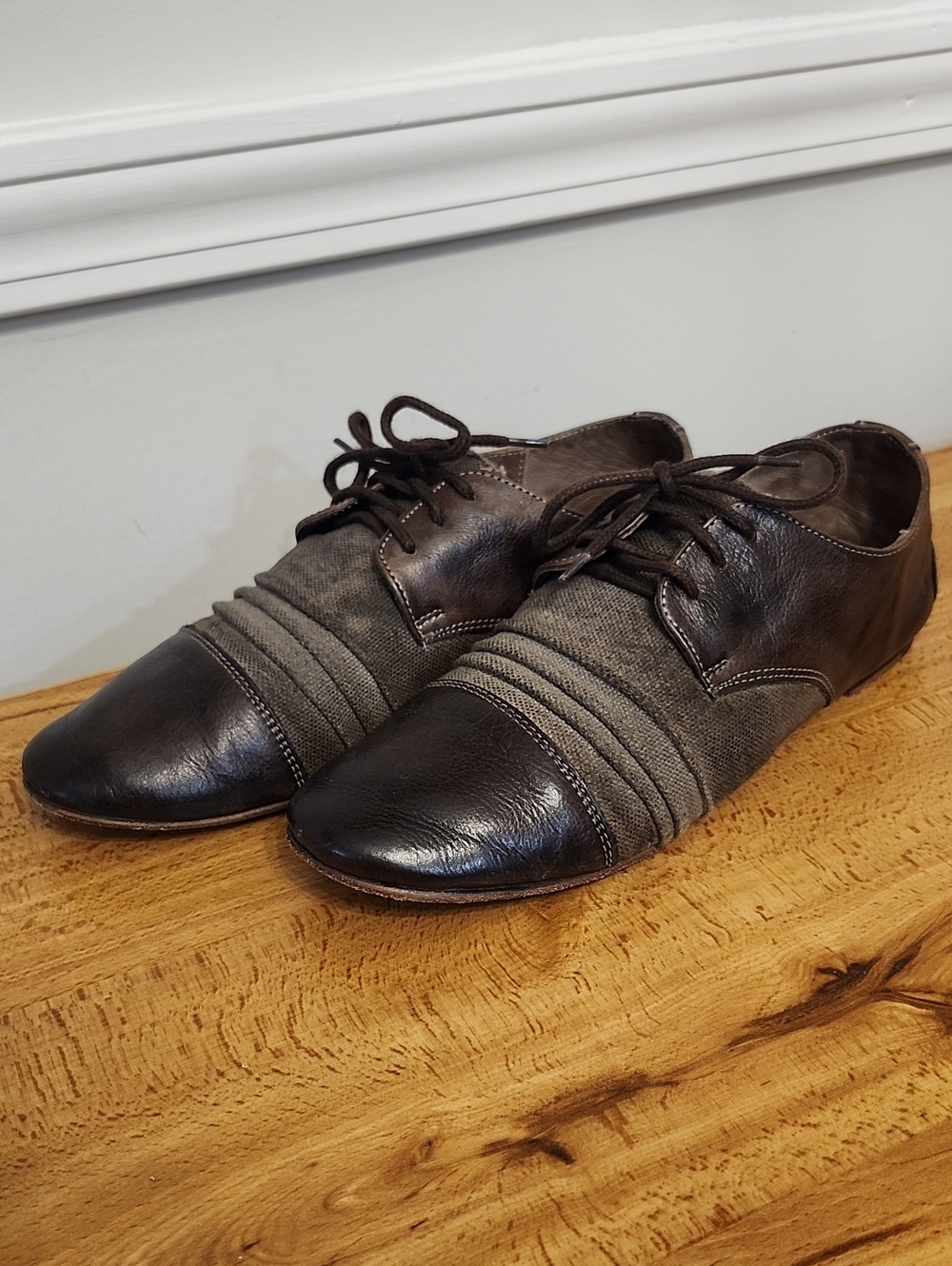 Bed Stu Rumba Ballet Flat Brown Leather Gray Canvas Size 9 Womens LOOK!